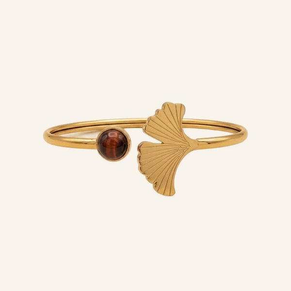 Bracelet jonc Ginkgo en œil de taureau, acier inoxydable doré - Verika Bijoux