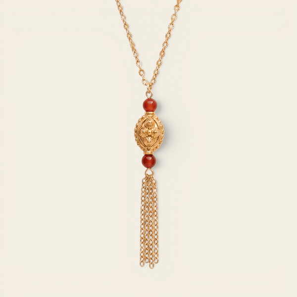 Collier Verika Bijoux Amber doré à pendentif d'agate rouge et pampilles