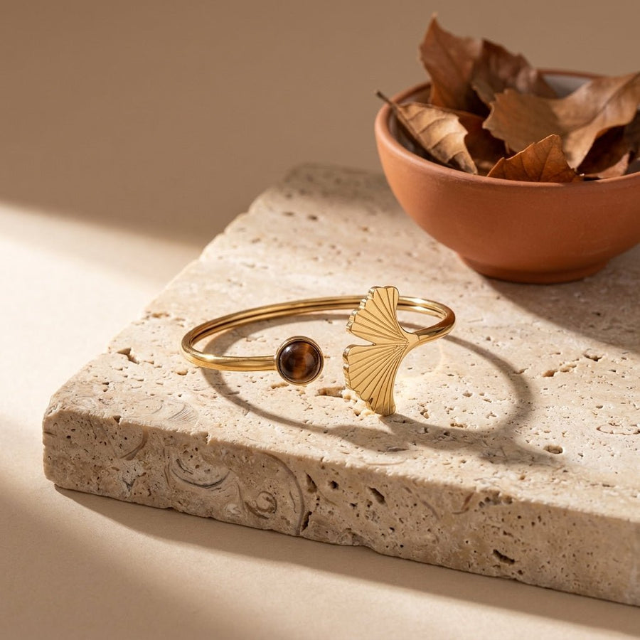 Bracelet jonc Ginkgo, pierre naturelle et acier inoxydable doré - Verika Bijoux