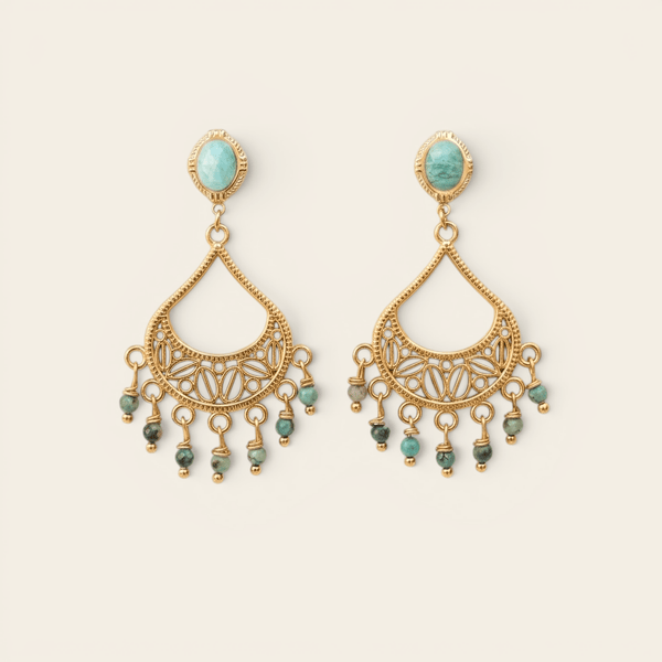 Boucles chandelier Verika Bijoux Colva dorées à amazonite et turquoise africaine