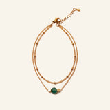 Bracelet Brindille double chaîne en agate verte, acier inoxydable doré - Verika Bijoux