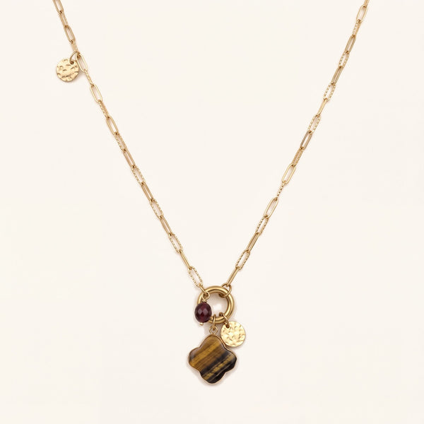 Sautoir Fauve, pendentif trèfle en œil de tigre sur chaîne dorée - Verika Bijoux
