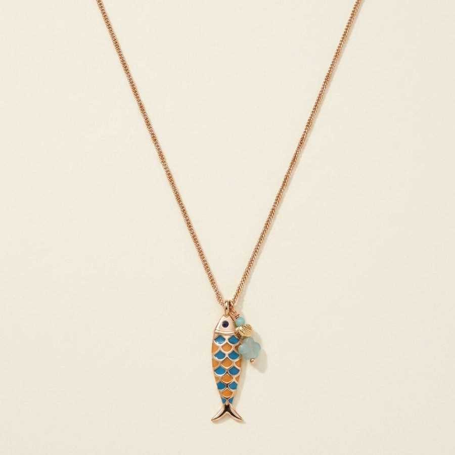 Sautoir Verika Bijoux Morjim doré à poisson émaillé, jade et turquoise