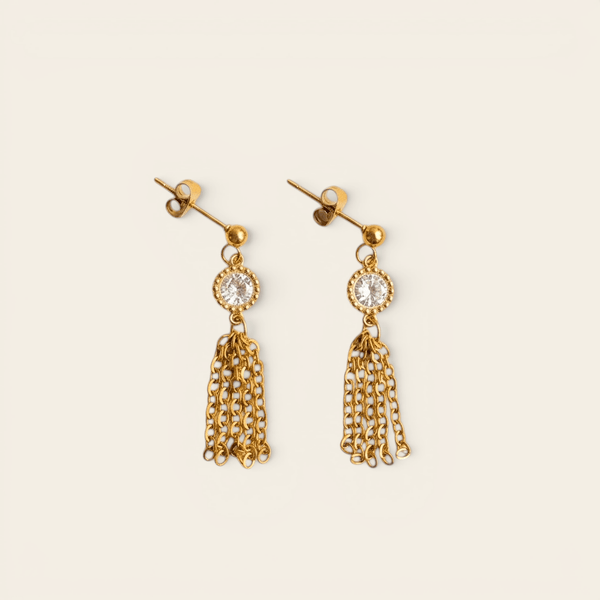 Boucles Verika Bijoux Margaux dorées à cristal serti et cascade de chaînes